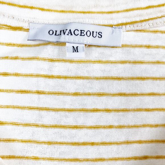 Olivaceous White Gold Stripe Twist Front Scoop Neck Linen Blend Tee Shirt Small - Picture 3 of 6
